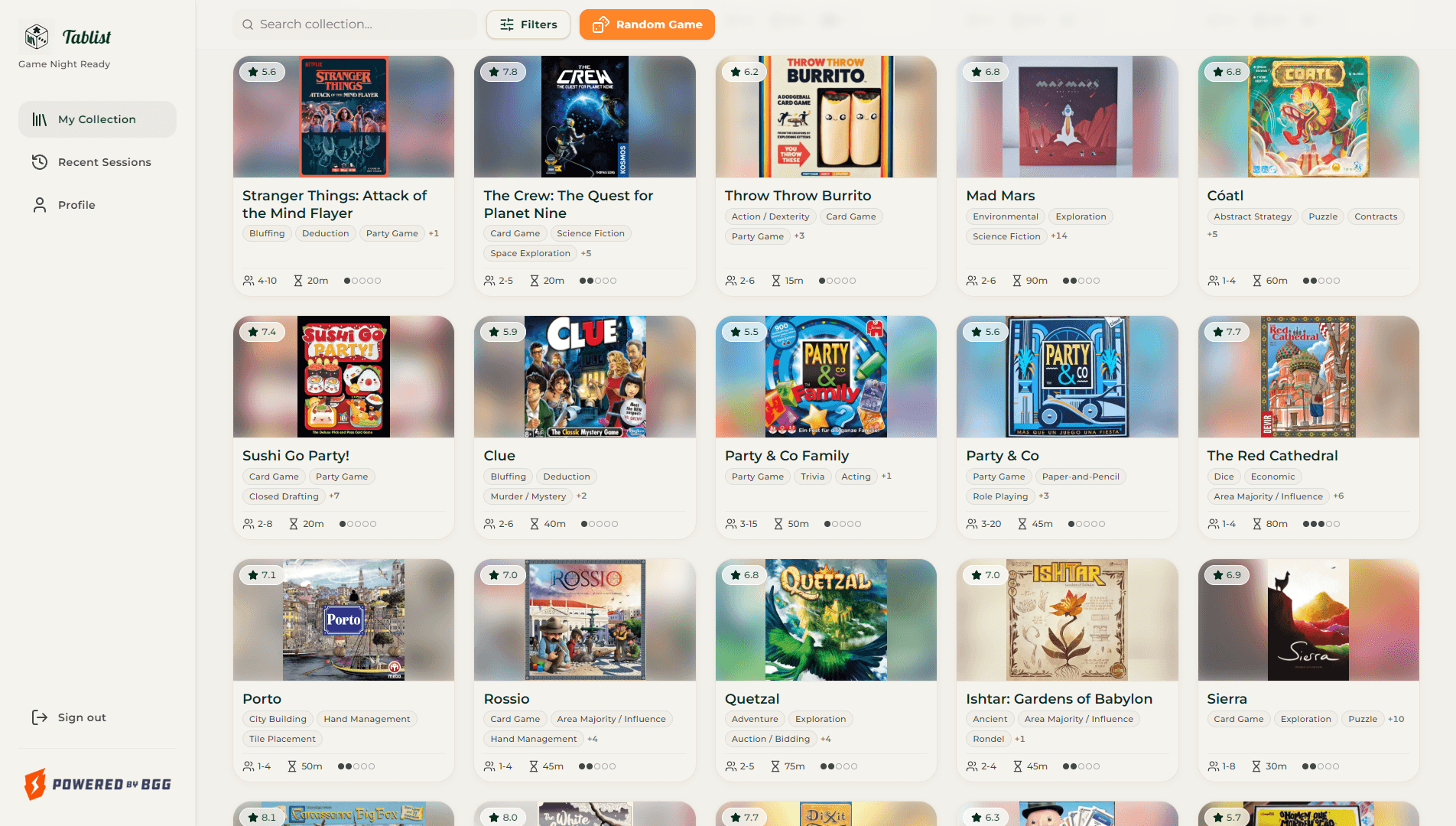 Tablist collection view with game covers, filters, and ratings